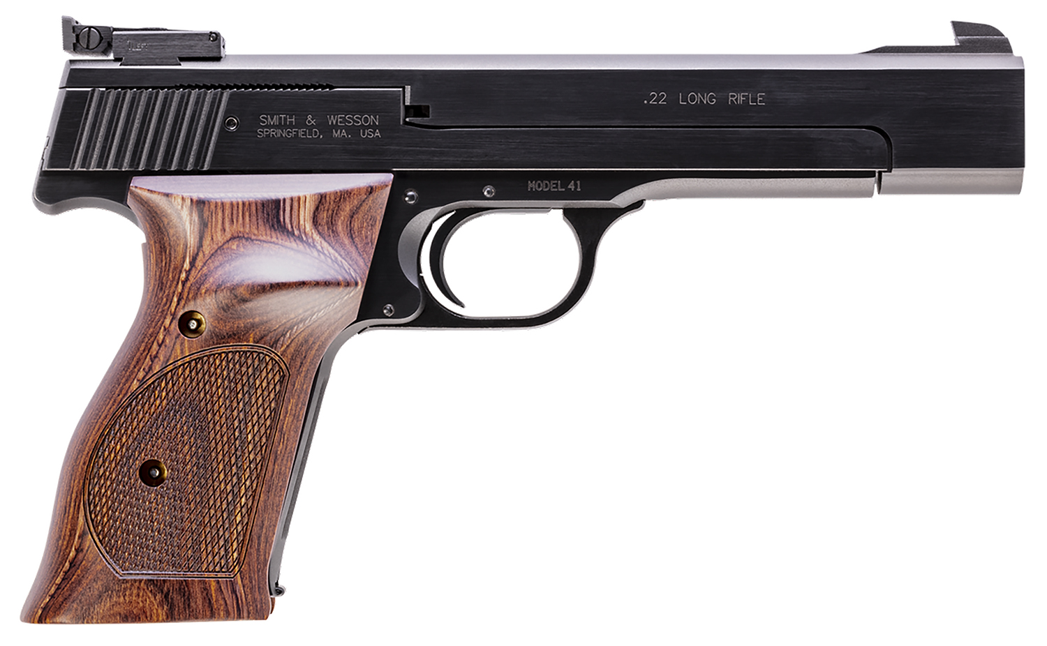 S&W M41 Full Size Frame 22 LR 10+1, 5.50" Blued Button Rifled Steel Barrel, Serrated Slide & Frame, Checkered Wo