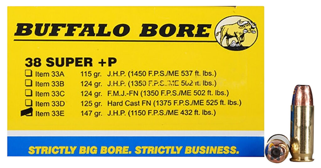 Buffalo Bore Ammunition 33E20 Personal Defense Strictly Business 38Super +P 147gr Jacket Hollow Point 20 Per Box/12 Case